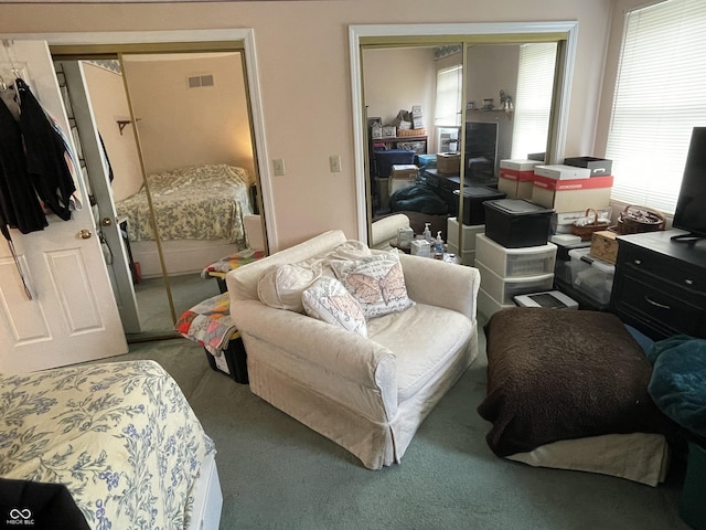 carpeted bedroom with a closet and visible vents