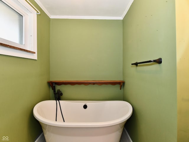 bathroom featuring ornamental molding and a soaking tub