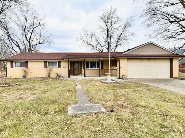 single story home with concrete driveway, a porch, a front lawn, and an attached garage