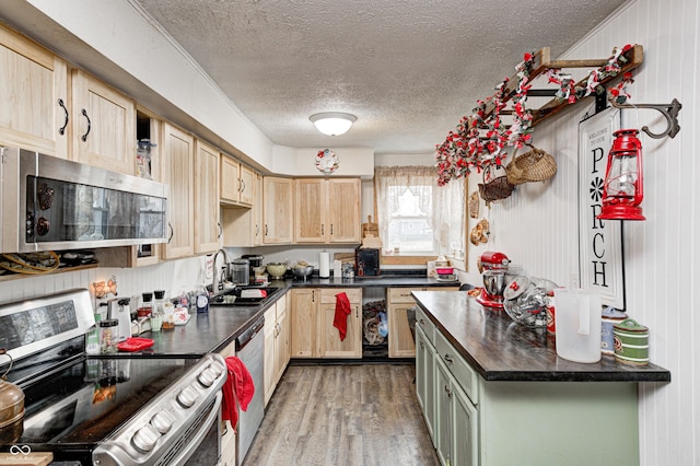 kitchen with wood finished floors, a sink, appliances with stainless steel finishes, light brown cabinetry, and dark countertops