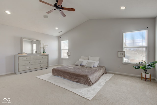 bedroom with visible vents, baseboards, carpet, vaulted ceiling, and recessed lighting