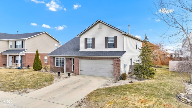 traditional home with brick siding, a shingled roof, an attached garage, driveway, and a front lawn