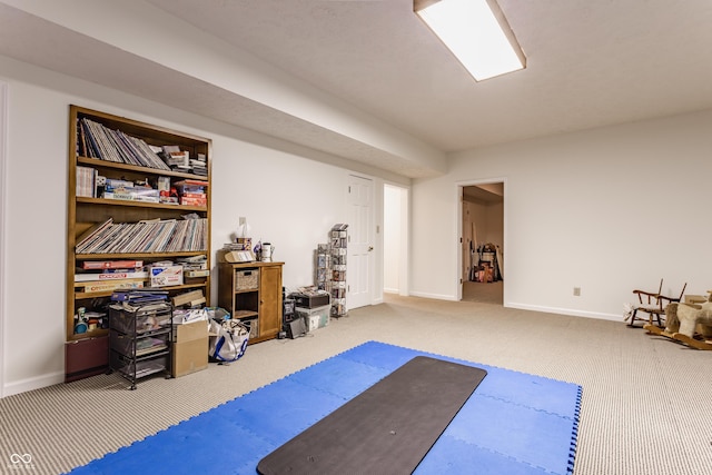 exercise room featuring baseboards and carpet floors