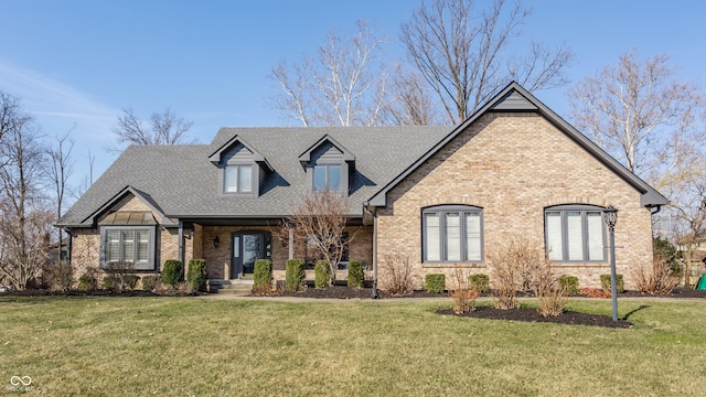 view of front facade with brick siding, a front yard, and roof with shingles