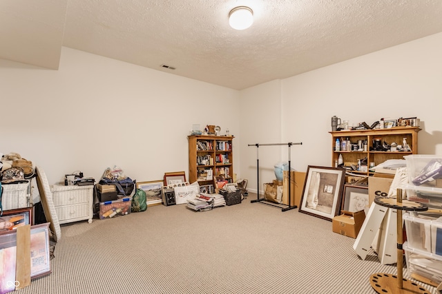 miscellaneous room featuring visible vents, carpet floors, and a textured ceiling