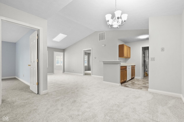 kitchen with light carpet, visible vents, brown cabinetry, white dishwasher, and light countertops