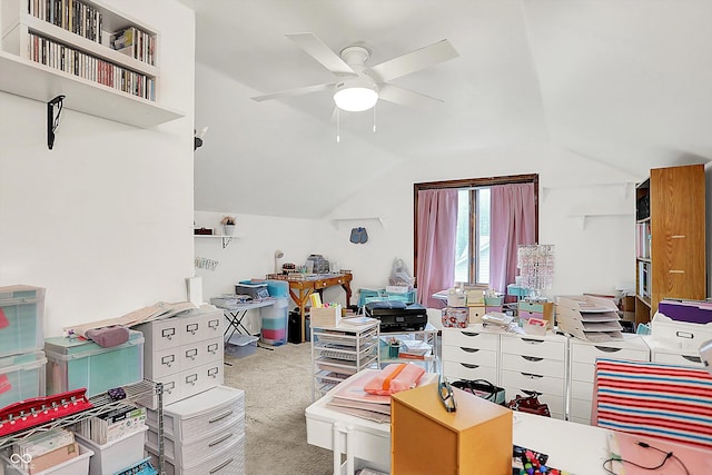 211 Deborah Ln, Whiteland, IN 46184 - home office with vaulted ceiling, carpet flooring, and a ceiling fan