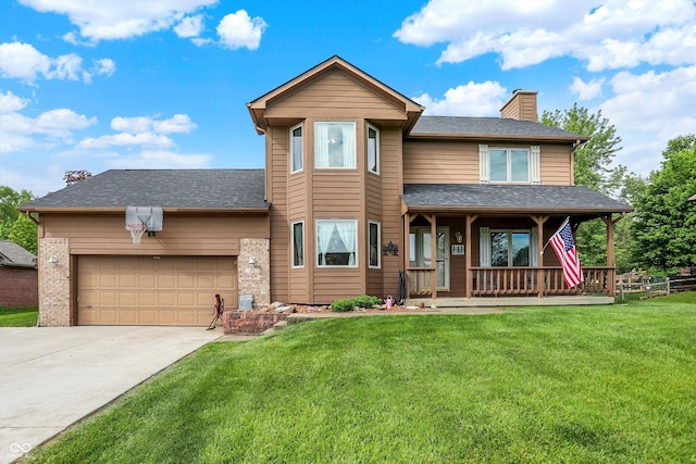 211 Deborah Ln, Whiteland, IN 46184 - view of front facade with a porch, a chimney, a front lawn, driveway, and a garage