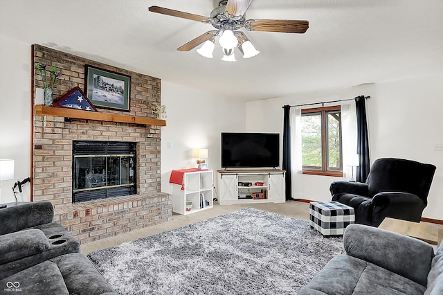 211 Deborah Ln, Whiteland, IN 46184 - living area with carpet floors, a ceiling fan, and a fireplace