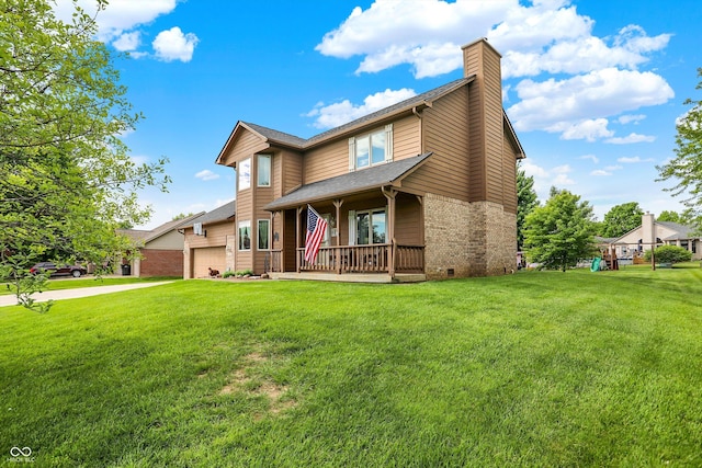 211 Deborah Ln, Whiteland, IN 46184 - traditional-style house featuring a porch, brick siding, a chimney, a front yard, and an attached garage