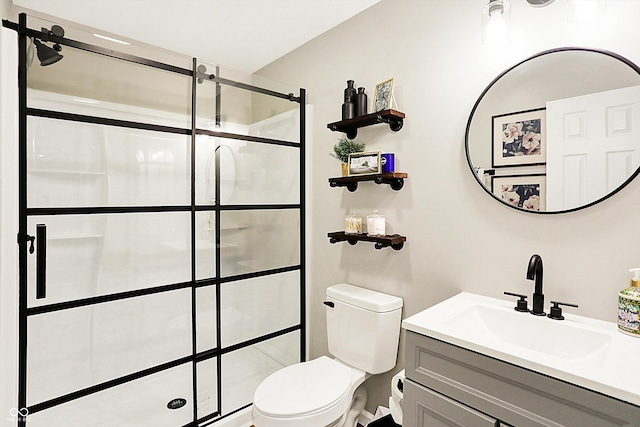 bathroom featuring vanity, a shower stall, and toilet