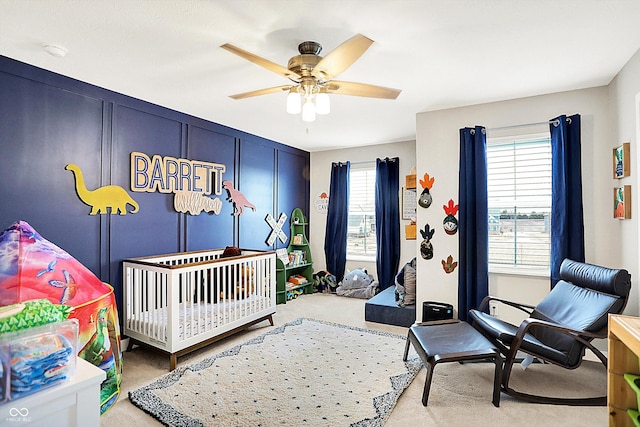 bedroom featuring carpet floors and ceiling fan