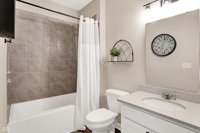 full bath featuring vanity, toilet, and shower / bathtub combination with curtain