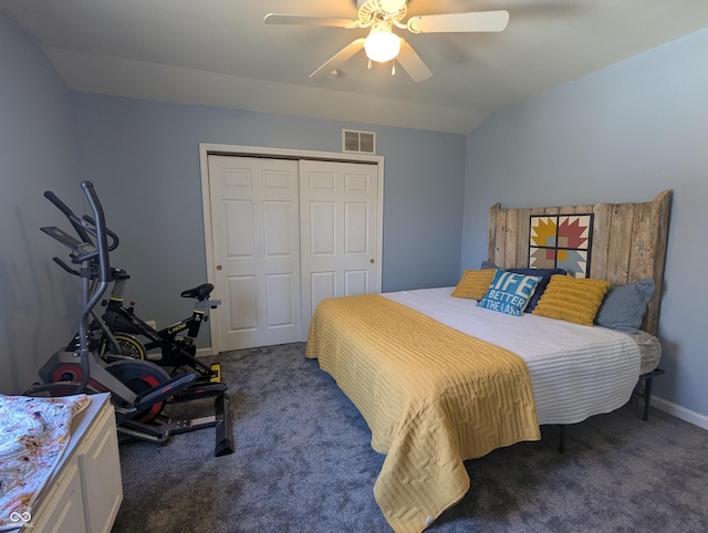 carpeted bedroom with baseboards, visible vents, ceiling fan, vaulted ceiling, and a closet