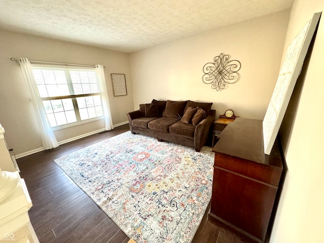 living area featuring a textured ceiling, baseboards, and dark wood-type flooring