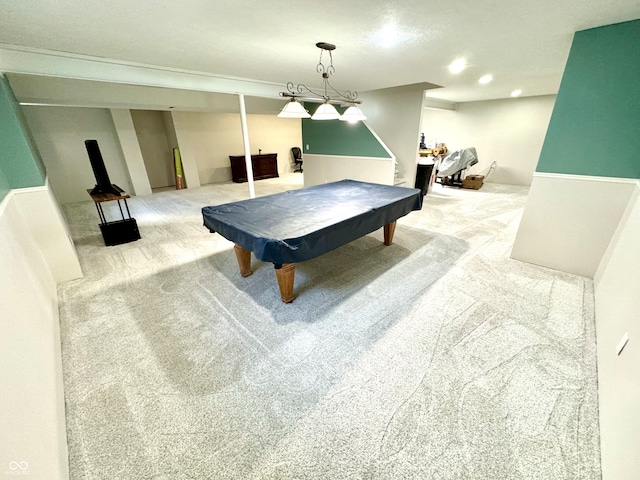 rec room with carpet floors and billiards