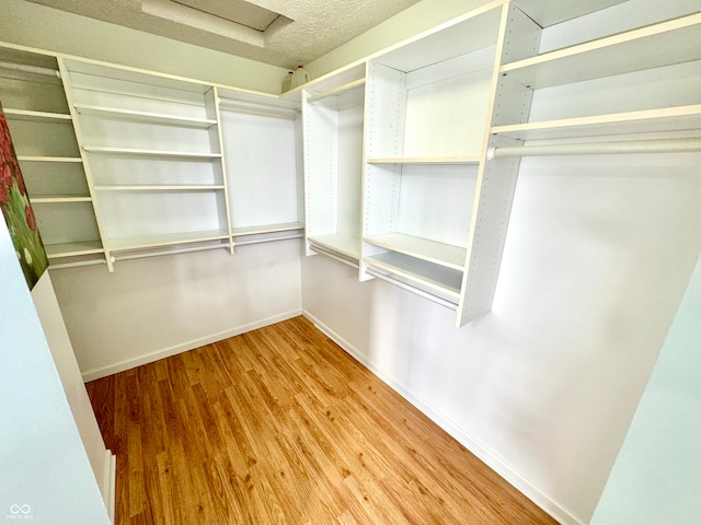 spacious closet with attic access and wood finished floors