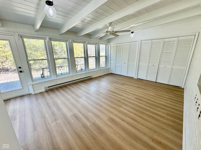 unfurnished sunroom with ceiling fan, wood ceiling, a baseboard radiator, and beam ceiling