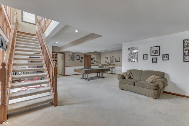 playroom with recessed lighting, carpet flooring, billiards, and baseboards