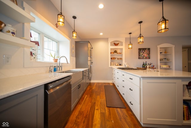 kitchen featuring gray cabinets, appliances with stainless steel finishes, open shelves, and a sink