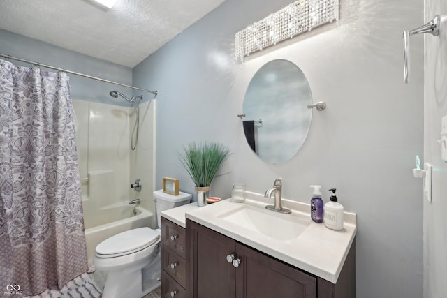 bathroom featuring shower / bathtub combination with curtain, a textured ceiling, vanity, and toilet