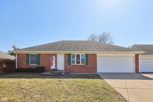 ranch-style house with brick siding, an attached garage, driveway, and a front lawn