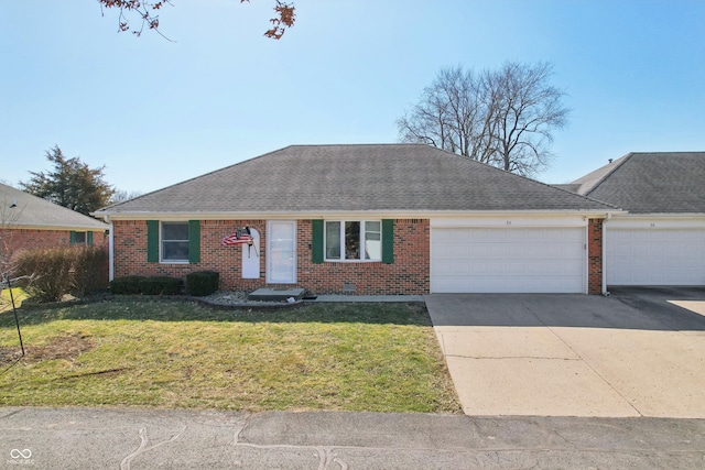 single story home with a front lawn, driveway, a shingled roof, a garage, and brick siding