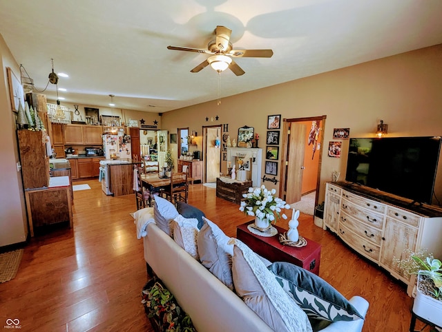 living area featuring a ceiling fan and light wood-type flooring