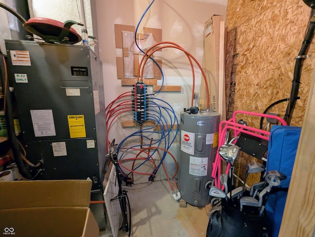 utility room with electric water heater and heating unit