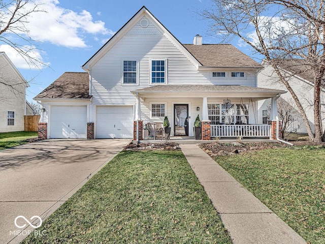 traditional home featuring brick siding, covered porch, and a front yard