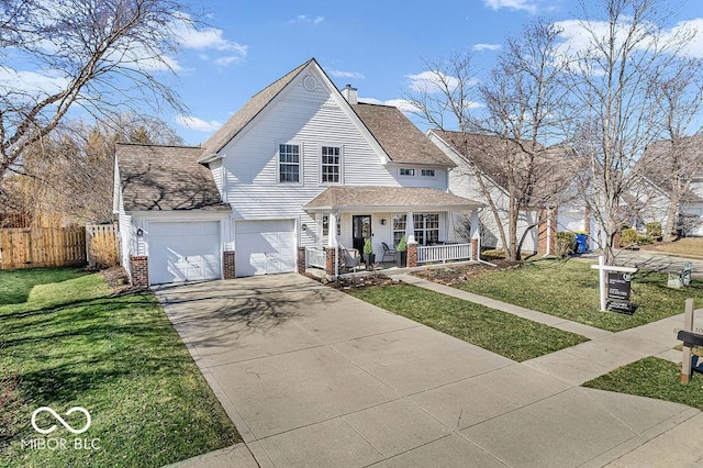 view of front of home with a porch, fence, a front lawn, and driveway