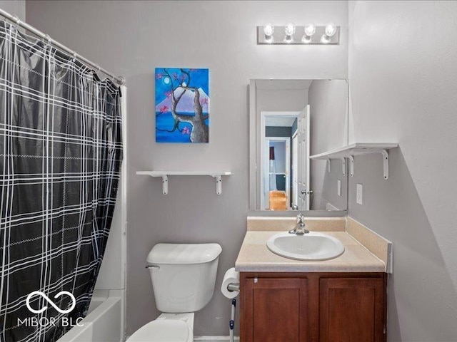 full bathroom with toilet, shower / bath combo, and vanity