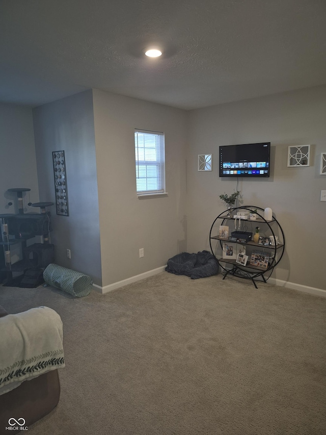 game room featuring carpet floors, a textured ceiling, and baseboards