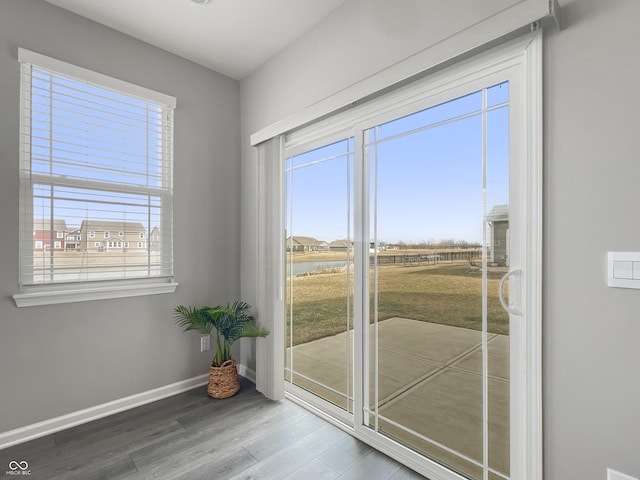 doorway featuring baseboards and wood finished floors