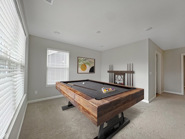 recreation room featuring baseboards, billiards, and light colored carpet