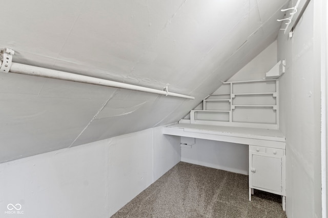 spacious closet featuring dark colored carpet and vaulted ceiling