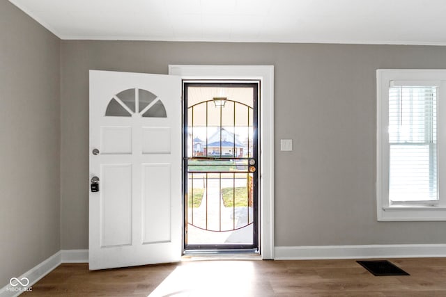 foyer entrance with a wealth of natural light, visible vents, baseboards, and wood finished floors