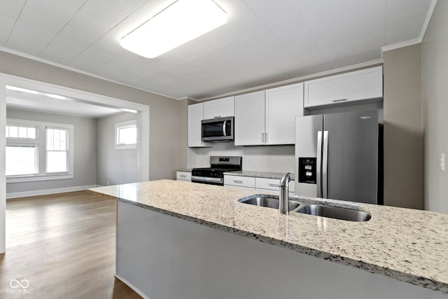 kitchen with appliances with stainless steel finishes, wood finished floors, crown molding, and a sink