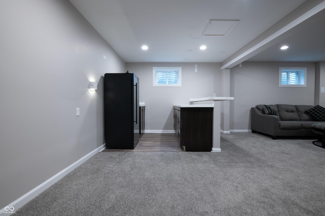 bar with recessed lighting, baseboards, carpet flooring, and freestanding refrigerator