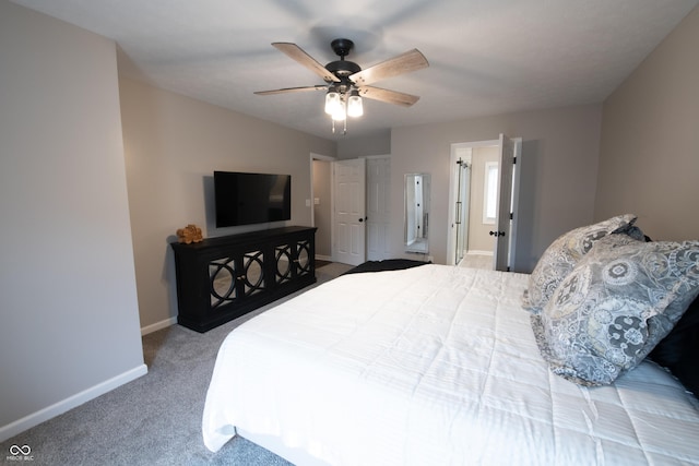 bedroom featuring ceiling fan, carpet, and baseboards