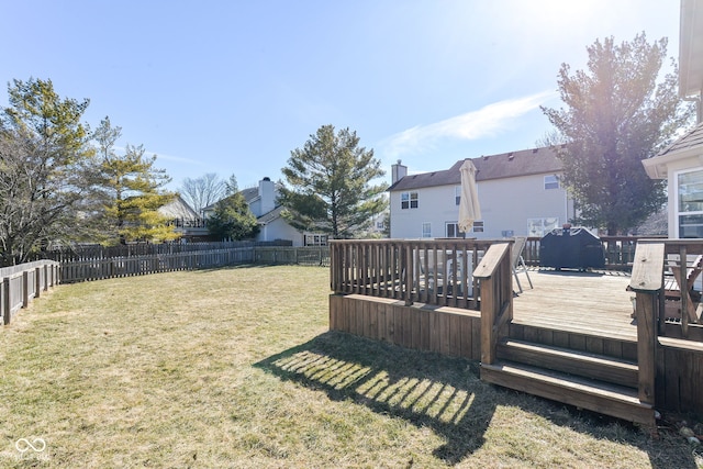 view of yard with a deck and a fenced backyard