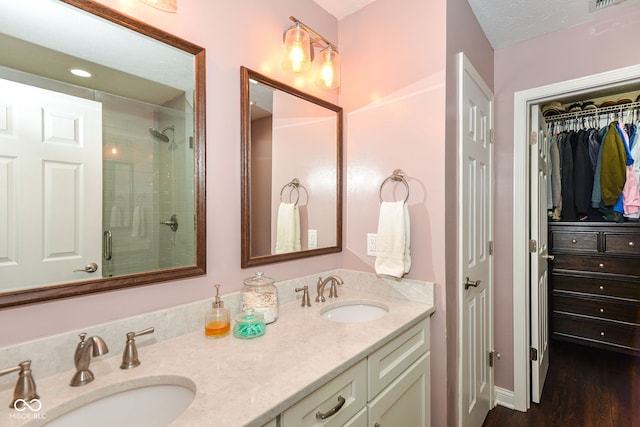 bathroom with double vanity, a spacious closet, a stall shower, and a sink