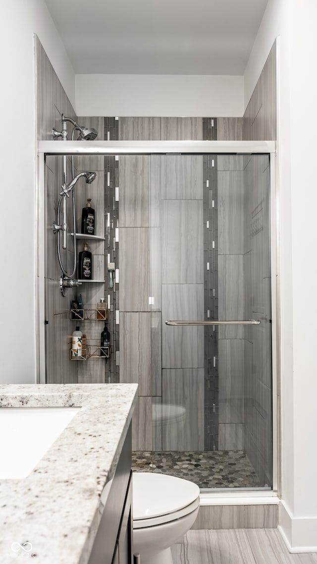 bathroom featuring toilet, a shower stall, and vanity