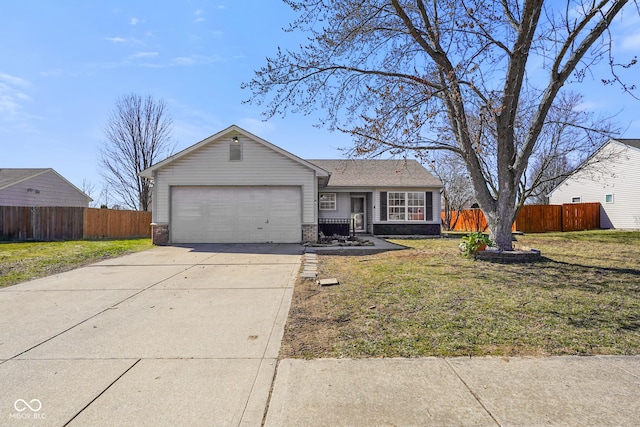 single story home with a garage, fence, concrete driveway, and brick siding