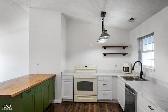 kitchen featuring green cabinetry, electric stove, butcher block countertops, stainless steel dishwasher, and a sink