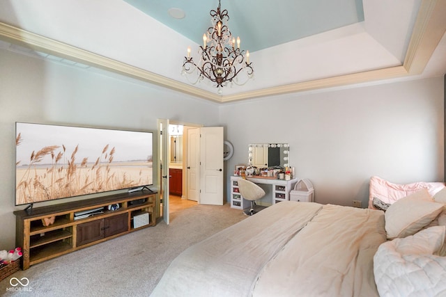 286 S Woodridge Dr, Pittsboro, IN 46167 - carpeted bedroom with a chandelier, a raised ceiling, and ornamental molding