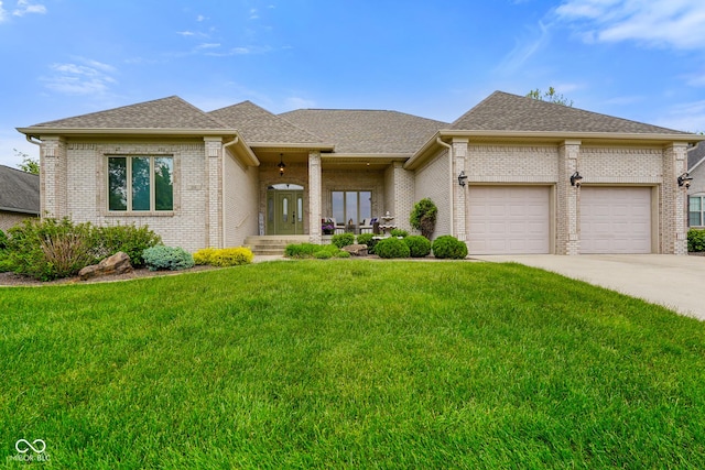286 S Woodridge Dr, Pittsboro, IN 46167 - view of front facade featuring brick siding, an attached garage, a front lawn, driveway, and roof with shingles