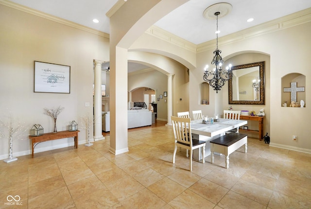 286 S Woodridge Dr, Pittsboro, IN 46167 - dining area featuring ornamental molding, a chandelier, baseboards, ornate columns, and recessed lighting