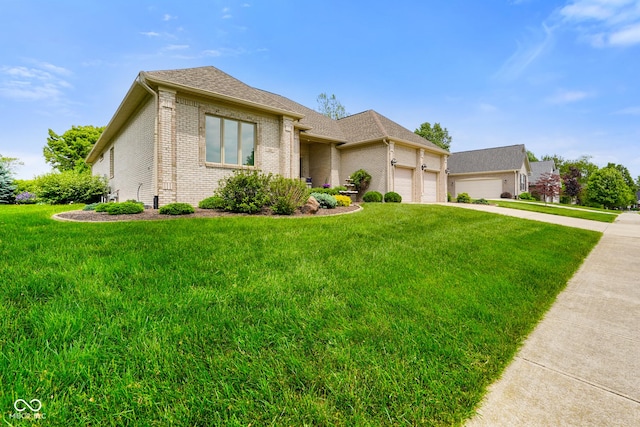 286 S Woodridge Dr, Pittsboro, IN 46167 - view of front of property featuring brick siding, an attached garage, concrete driveway, a front yard, and a shingled roof