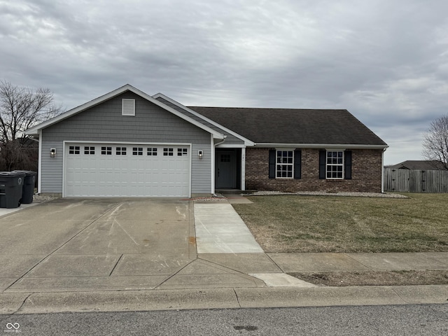 ranch-style home featuring brick siding, driveway, an attached garage, and fence